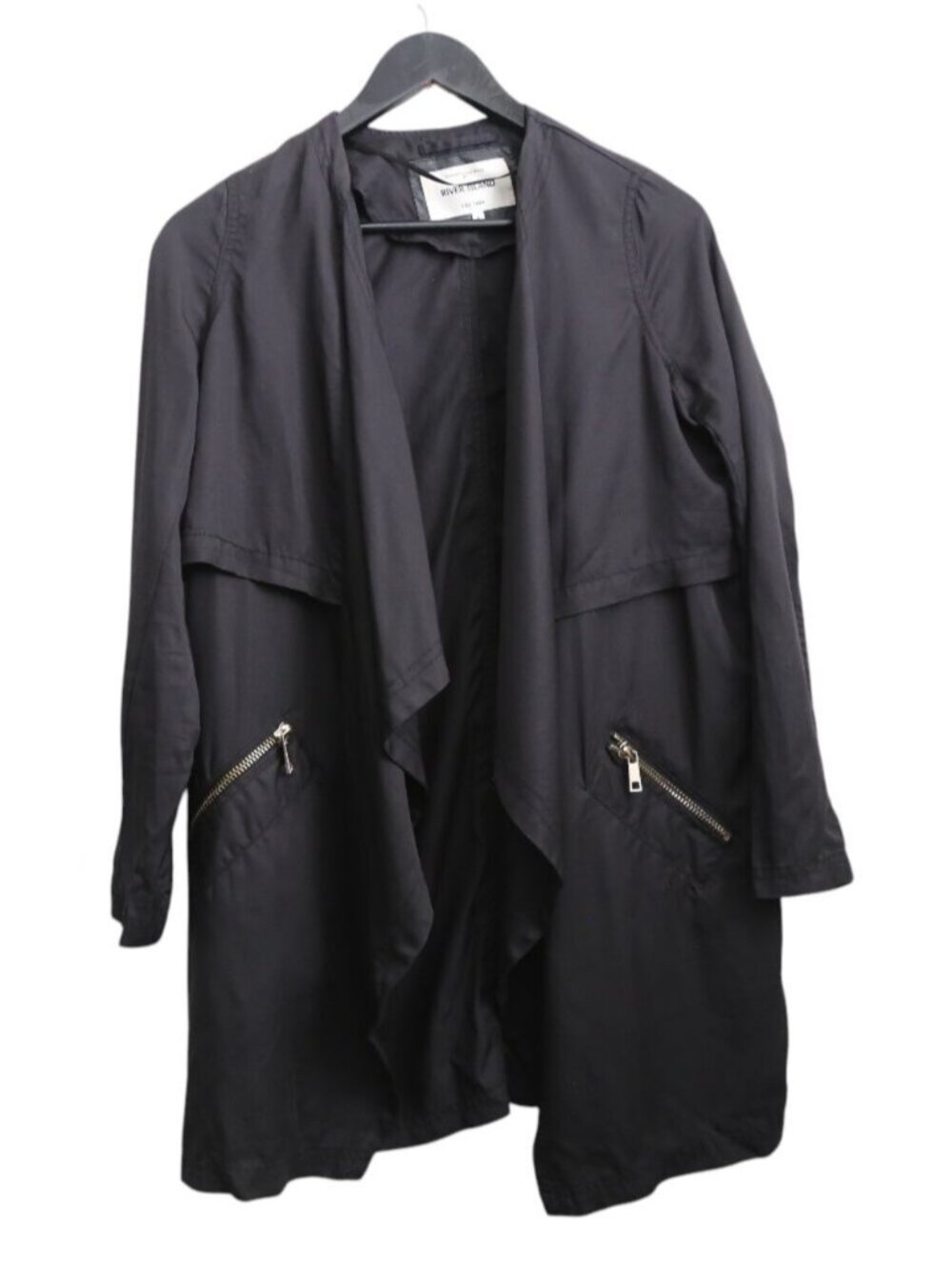 River Island Lyocell Black Draped Front Open Cardigan Jacket Size 6